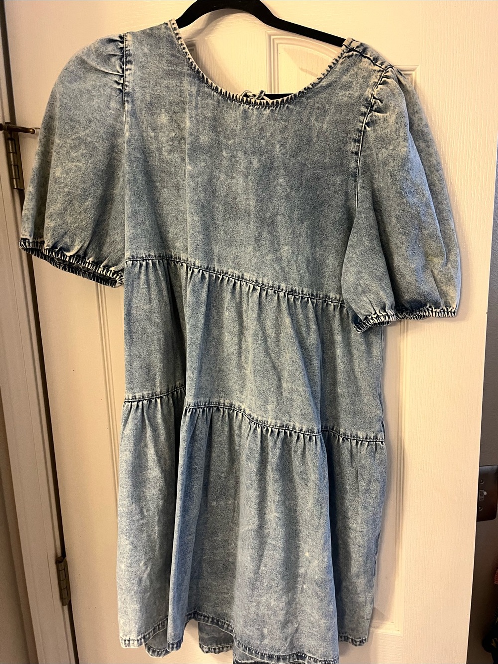 Light Blue Denim Tiered Mini Dress with Puff Sleeves